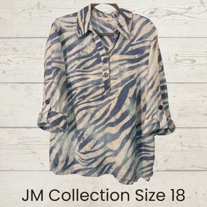 JM Collection Blue Zebra Print 3/4 Roll Tab Sleeve Popover Size 18